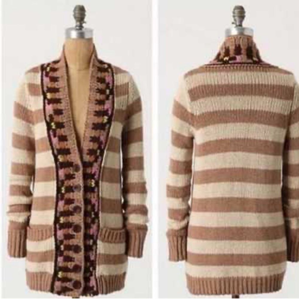 Sparrow Anthropologie Knitted Grandpa Cardigan Striped Brown & Cream Sweater
